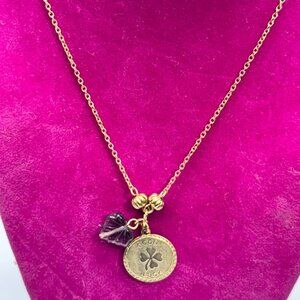 Vintage good luck purple glass leaf charm necklace